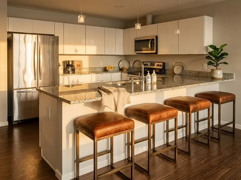 Apartment kitchen with a long island, stools and stainless steel appliances