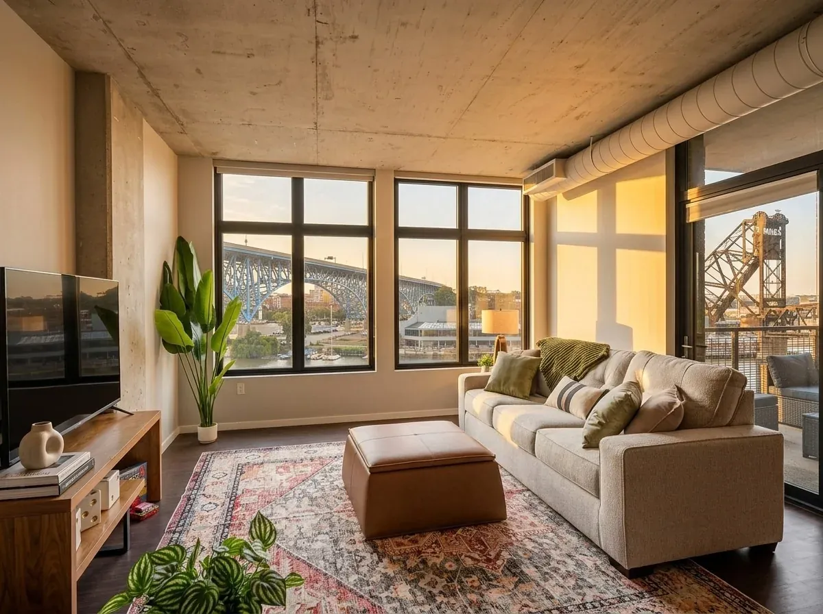 Apartment lounge with a sofa, ottoman and wraparound windows