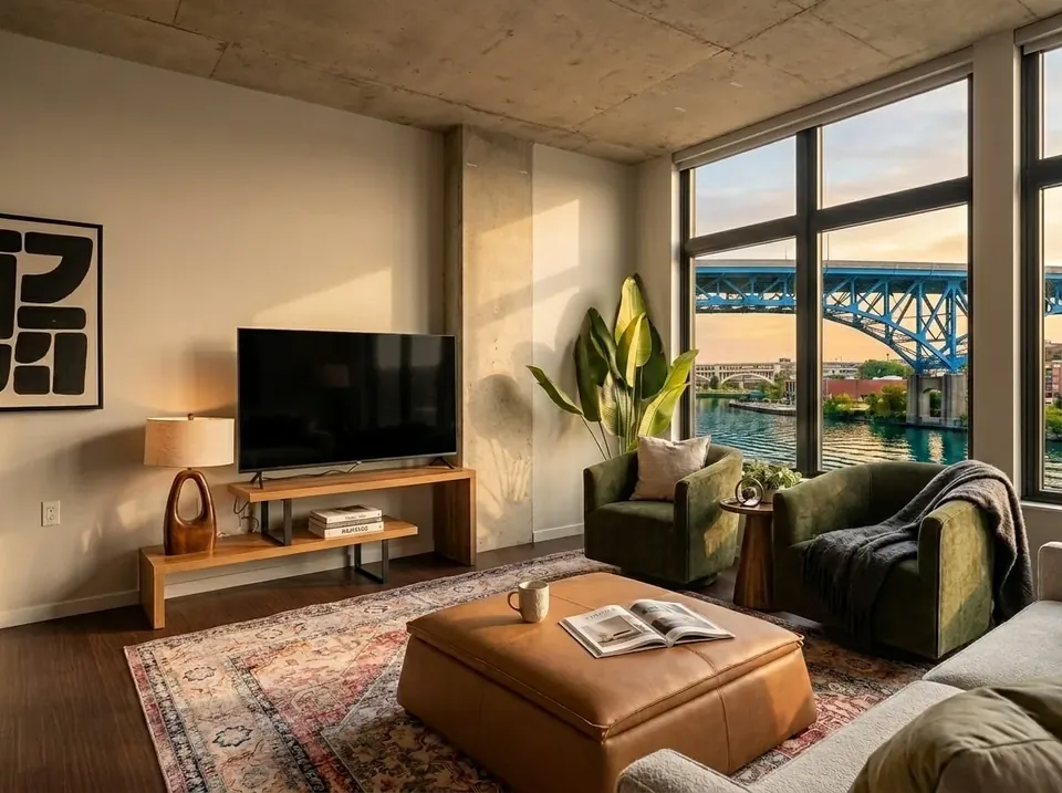 Sunlit apartment living room with large windows and a sofa